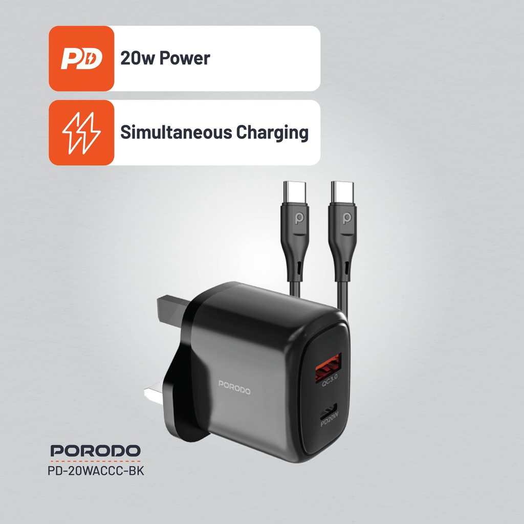 Porodo Dual Output Quick Charger USB-C PD and USB-A QC 2