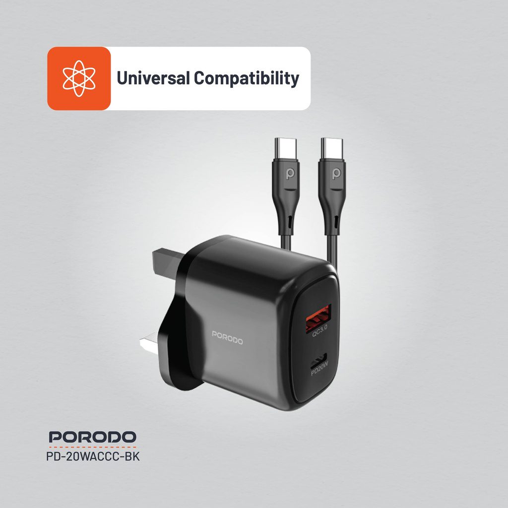 Porodo Dual Output Quick Charger USB-C PD and USB-A QC 3
