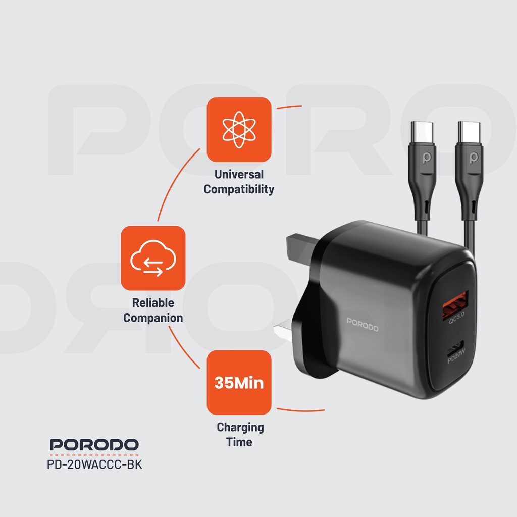 Porodo Dual Output Quick Charger USB-C PD and USB-A QC 5