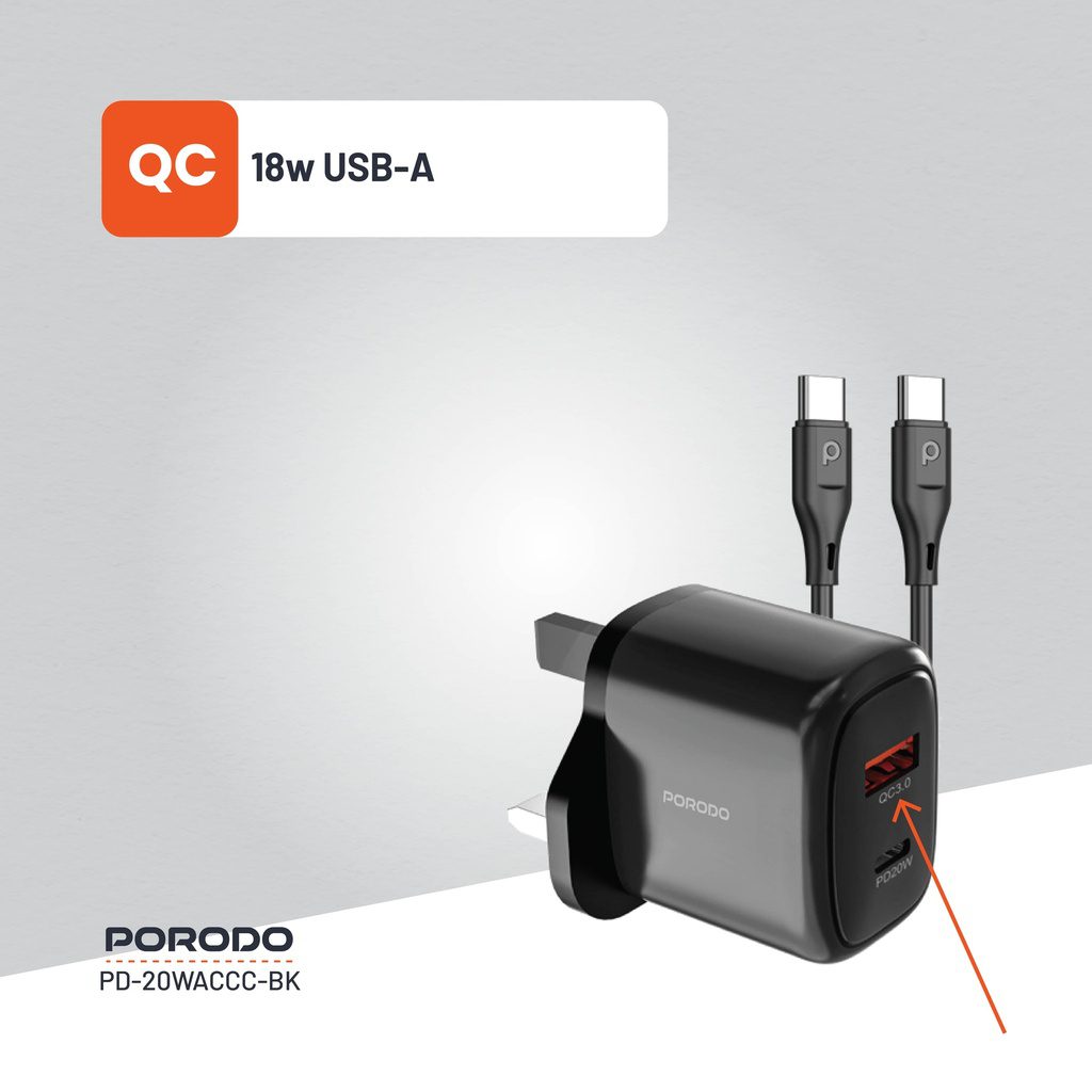 Porodo Dual Output Quick Charger USB-C PD and USB-A QC 6