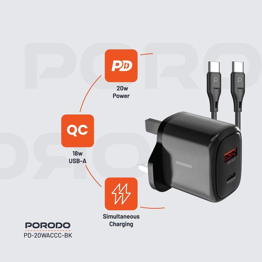 Porodo Dual Output Quick Charger USB-C PD and USB-A QC 7