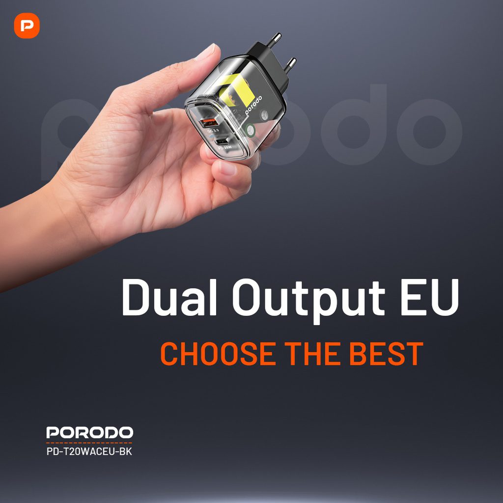 Porodo Dual Output Transparent Quick Charger USB-C PD And USB-A QC EU 2