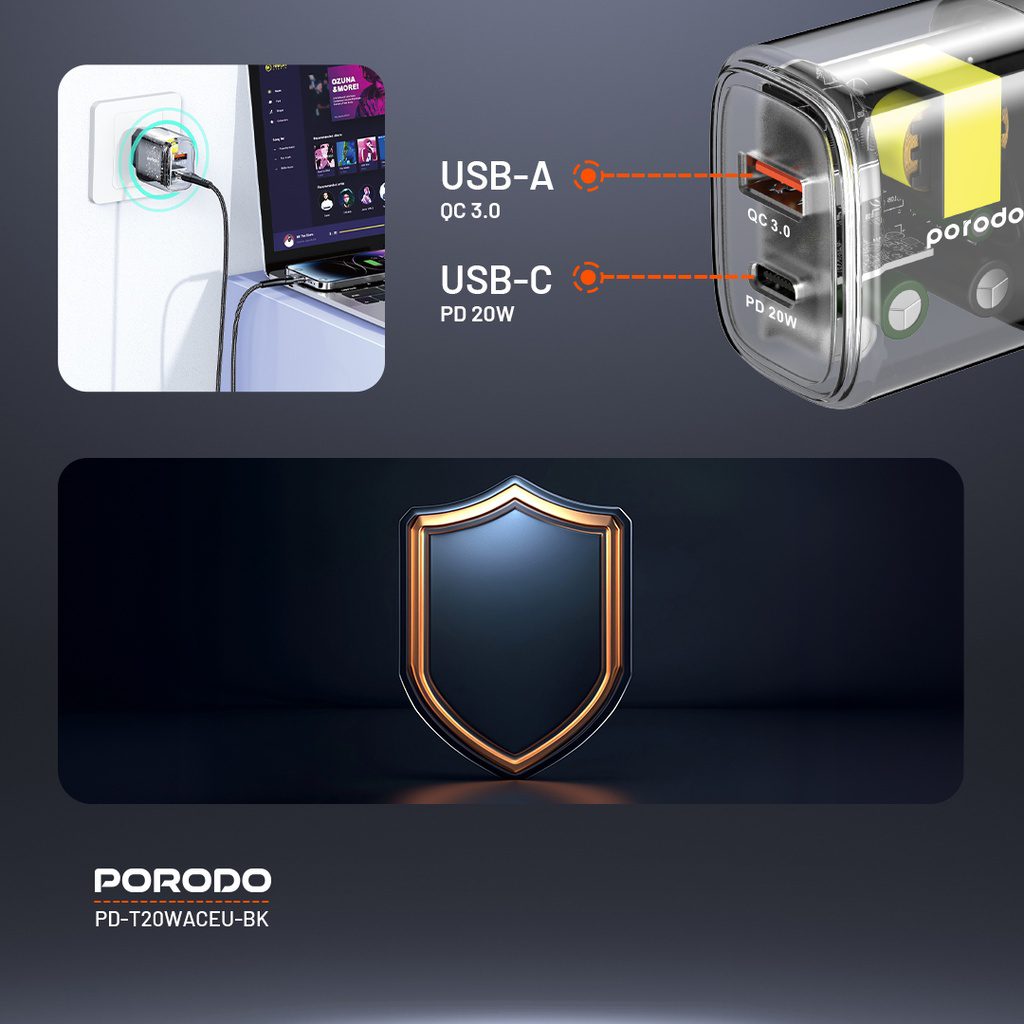 Porodo Dual Output Transparent Quick Charger USB-C PD And USB-A QC EU 3
