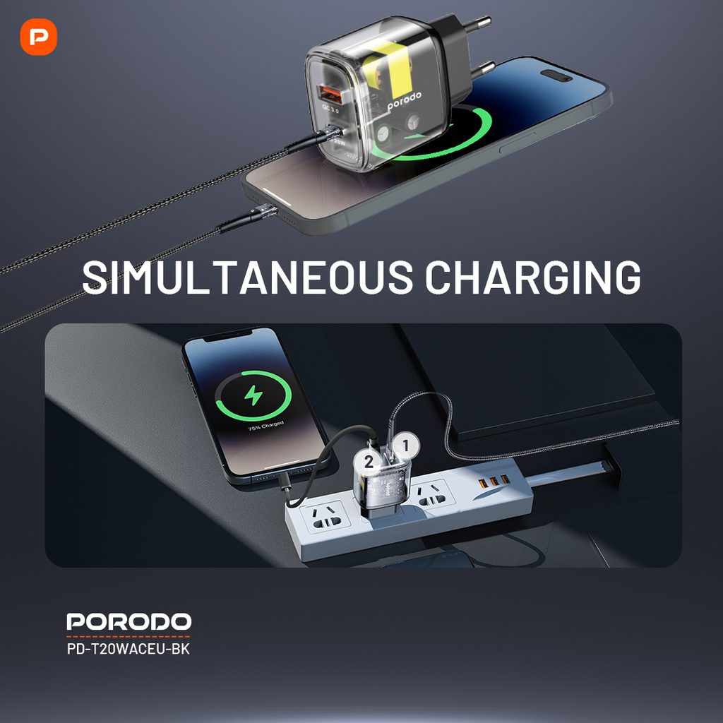 Porodo Dual Output Transparent Quick Charger USB-C PD And USB-A QC EU 4