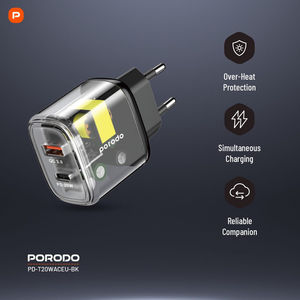 Porodo Dual Output Transparent Quick Charger USB-C PD And USB-A QC EU 5