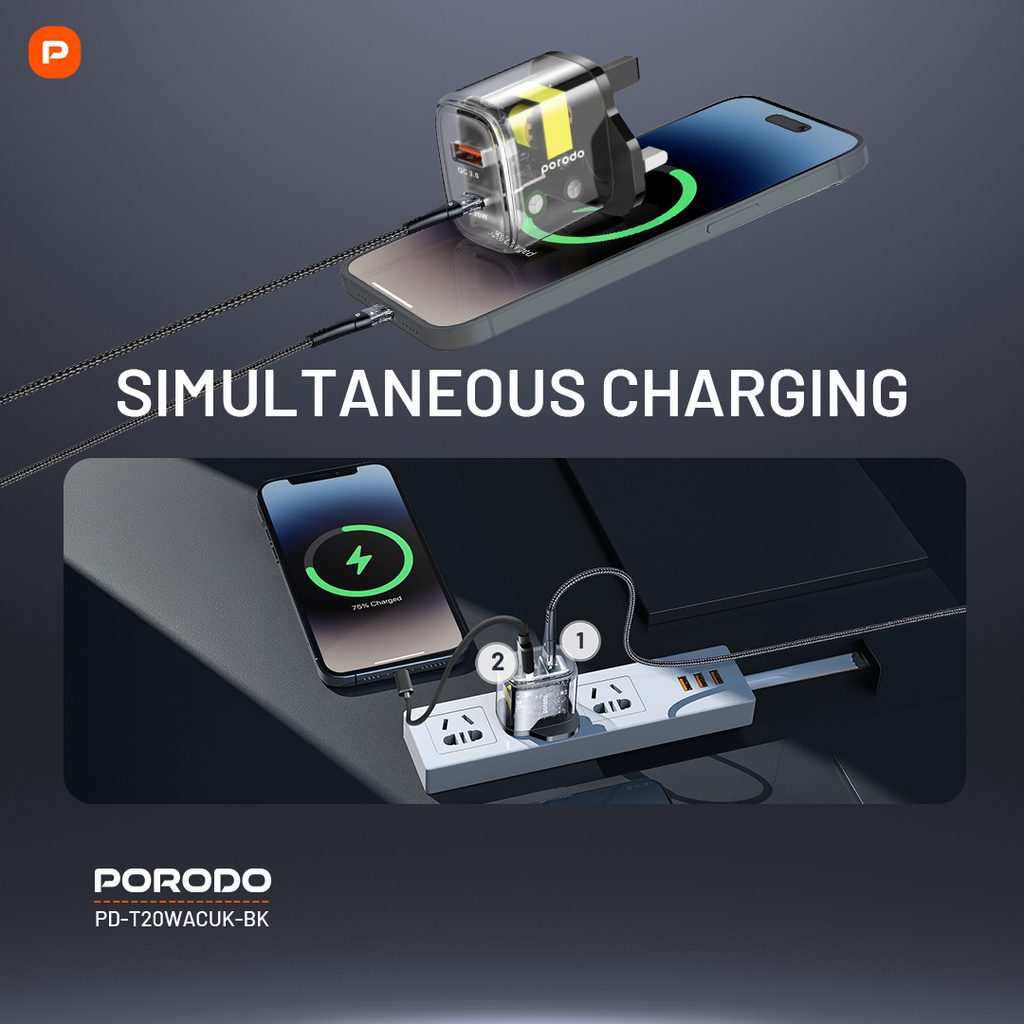 Porodo Dual Output Transparent Quick Charger USB-C PD And USB-A QC UK 2