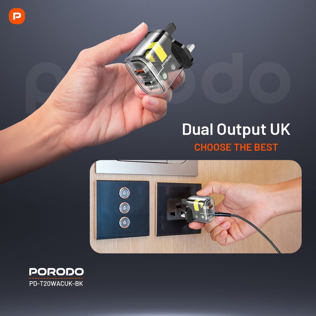 Porodo Dual Output Transparent Quick Charger USB-C PD And USB-A QC UK 3