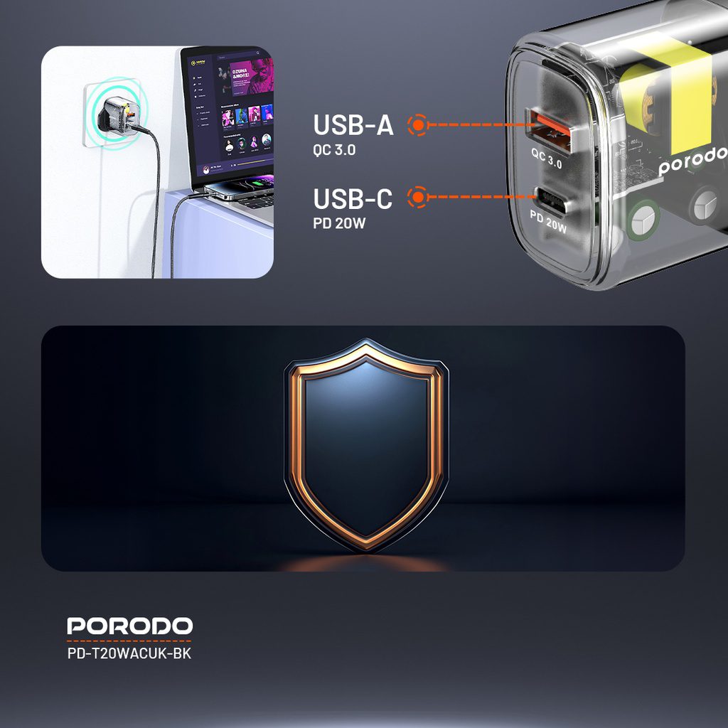 Porodo Dual Output Transparent Quick Charger USB-C PD And USB-A QC UK 4