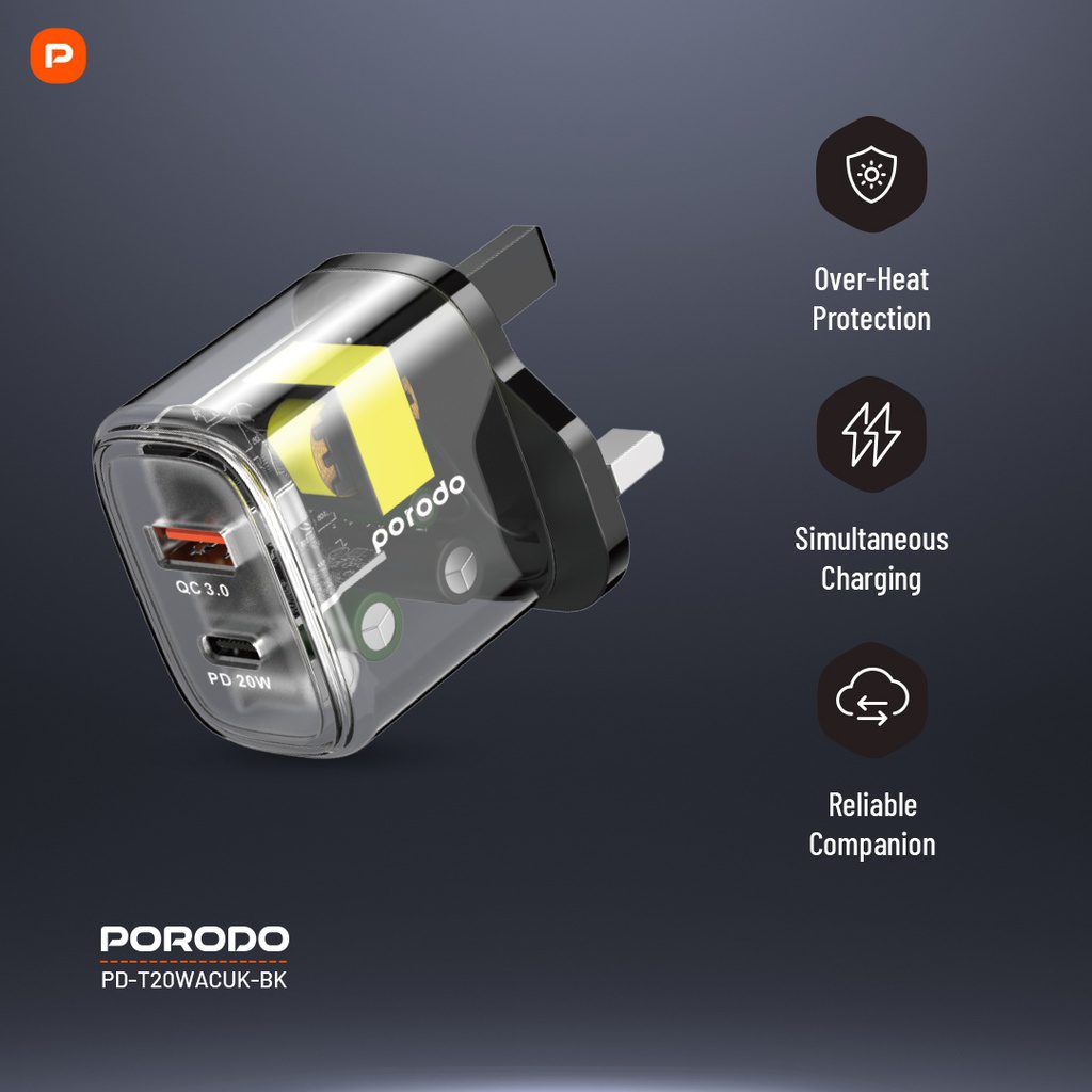 Porodo Dual Output Transparent Quick Charger USB-C PD And USB-A QC UK 5