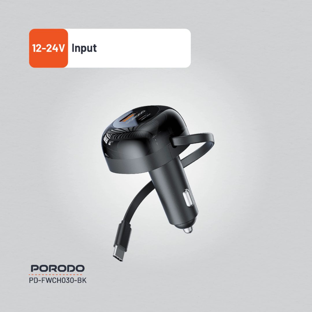 Porodo Dual Port Car Charger 80cm Retractable Type-C Cable 3