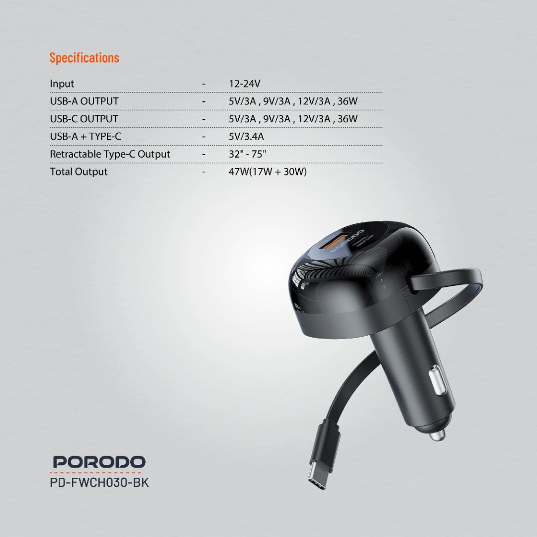 Porodo Dual Port Car Charger 80cm Retractable Type-C Cable 4