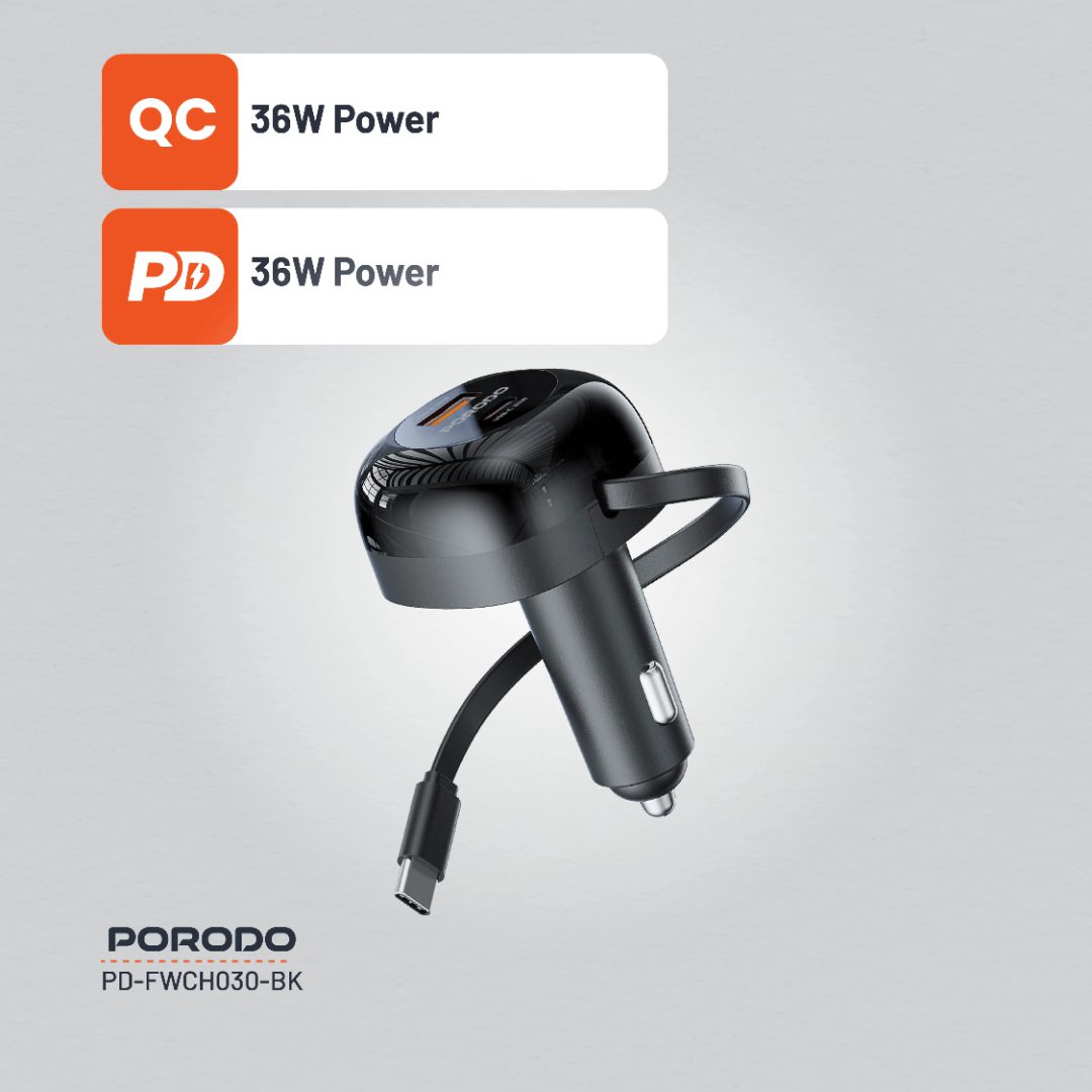 Porodo Dual Port Car Charger 80cm Retractable Type-C Cable 5