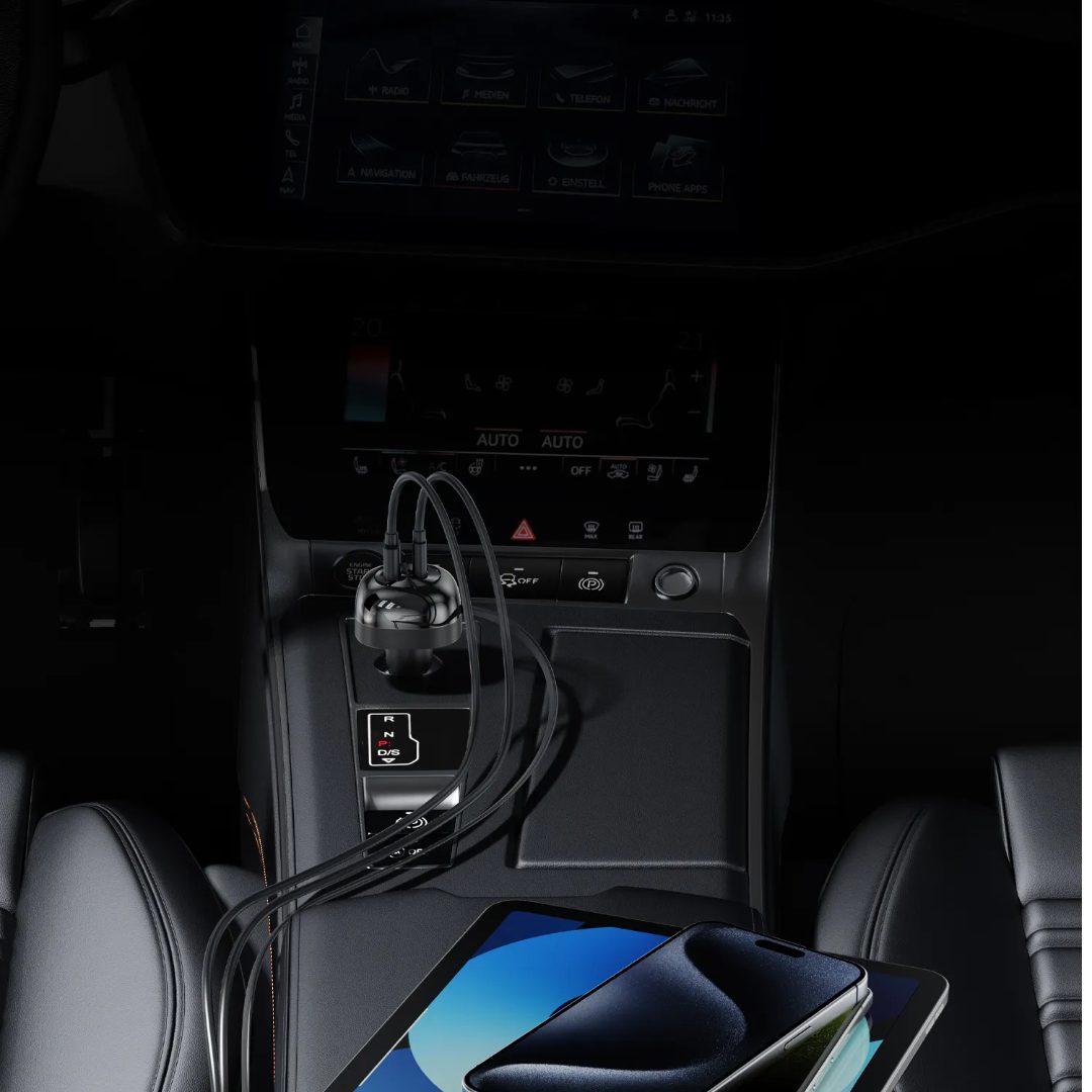 Porodo Dual Port Car Charger 80cm Retractable Type-C Cable 6