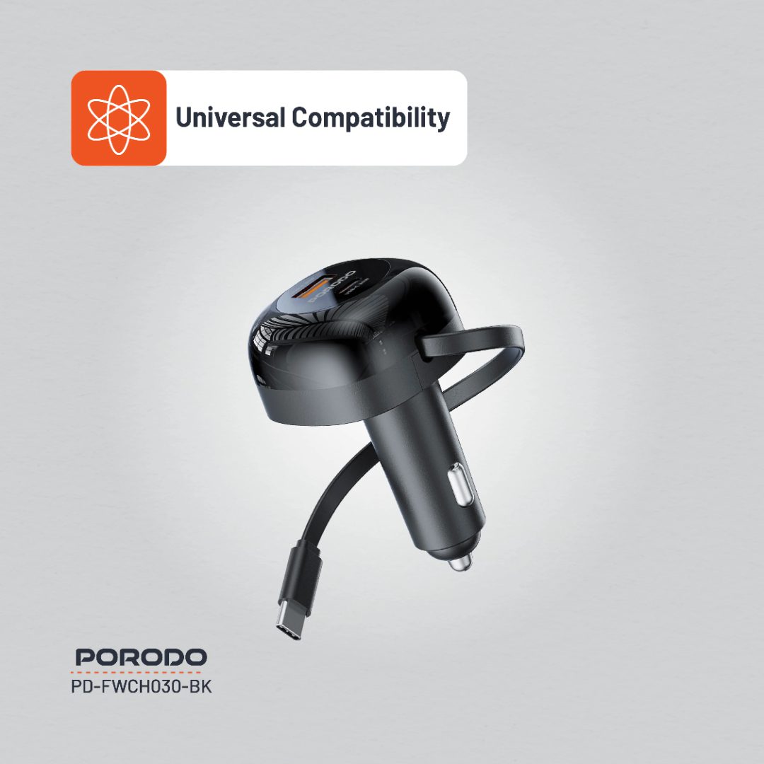 Porodo Dual Port Car Charger 80cm Retractable Type-C Cable 7