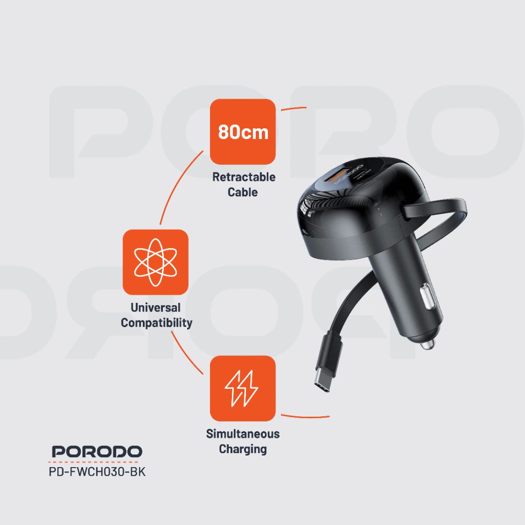 Porodo Dual Port Car Charger 80cm Retractable Type-C Cable 8