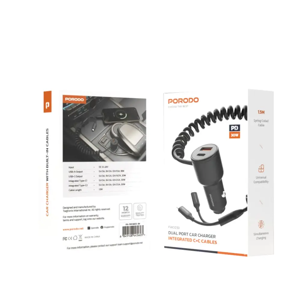 Porodo Dual Port Car Charger Integrated C+C Cables 2
