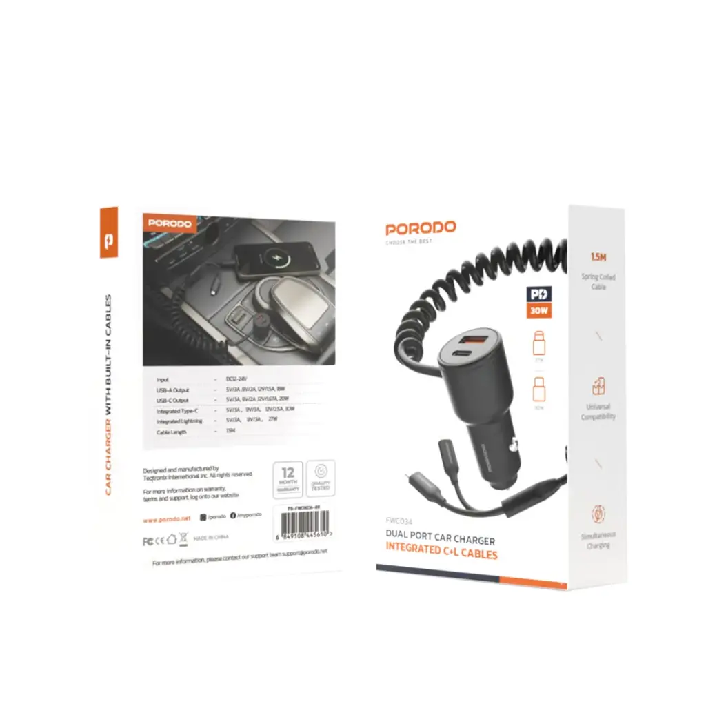Porodo Dual Port Car Charger Integrated C+L Cables 2