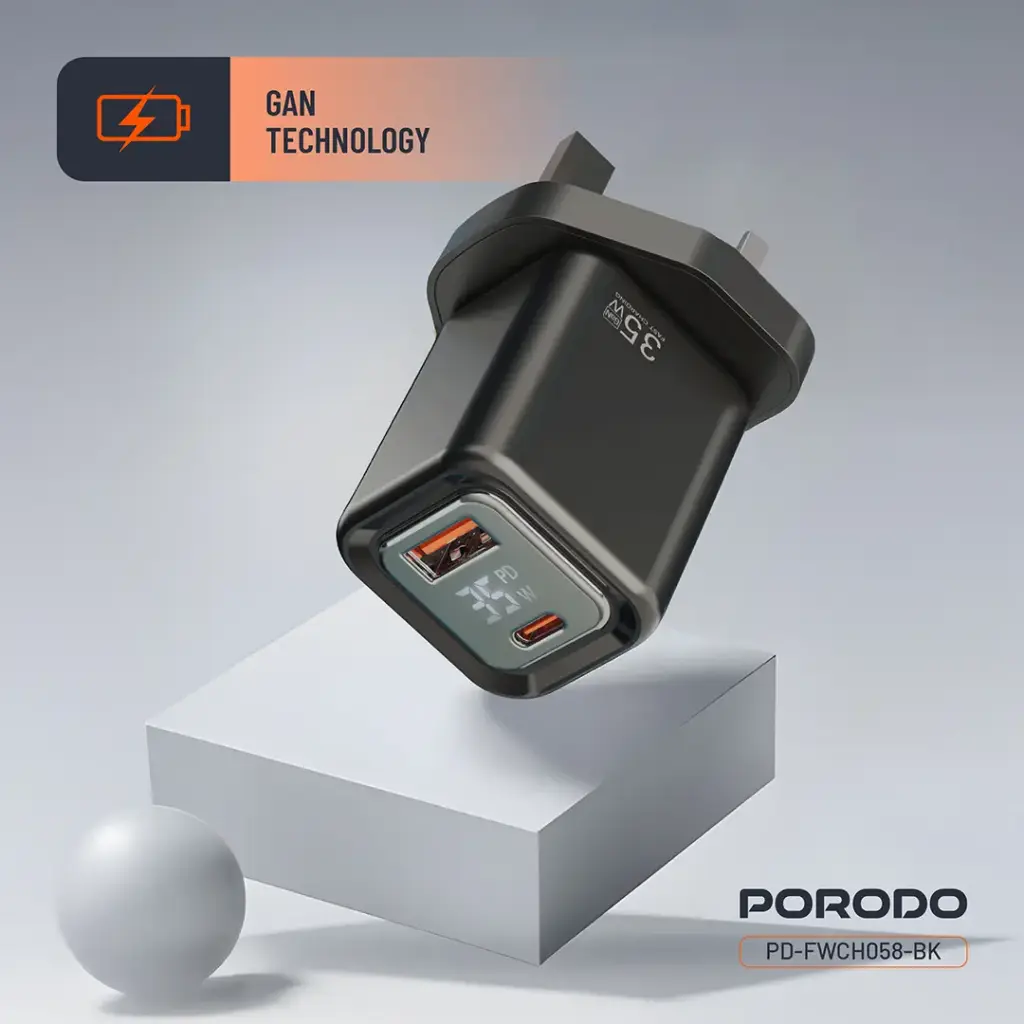 Porodo Dual-Port | Digital Display Quick Charger with C to C Cable 6