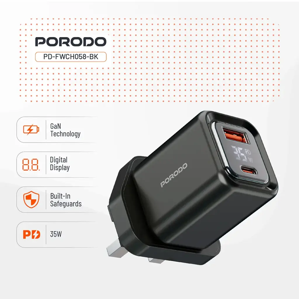 Porodo Dual-Port | Digital Display Quick Charger with C to C Cable 7