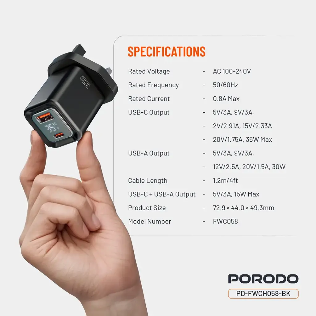 Porodo Dual-Port | Digital Display Quick Charger with C to L Cable 8