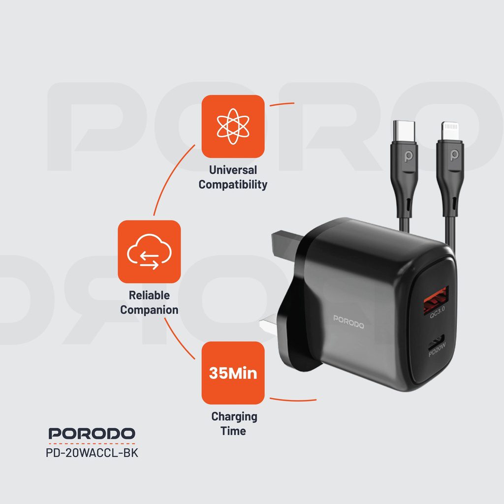 Porodo Dual Port Fast Charger Quick Charge + Power Deliver 5