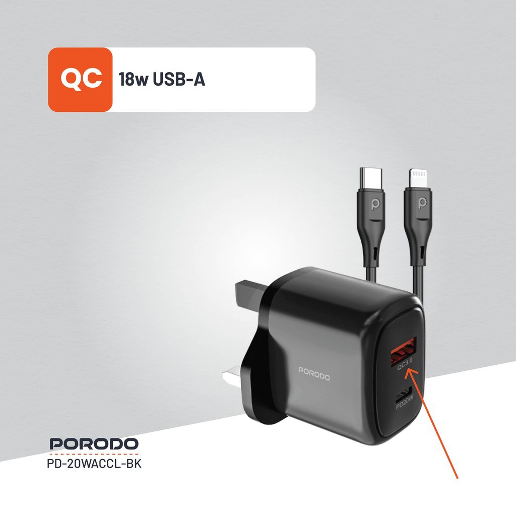 Porodo Dual Port Fast Charger Quick Charge + Power Deliver 6