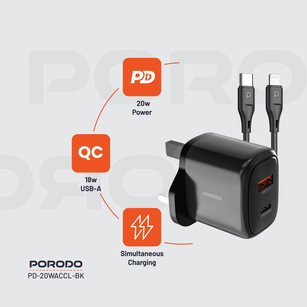 Porodo Dual Port Fast Charger Quick Charge + Power Deliver 7