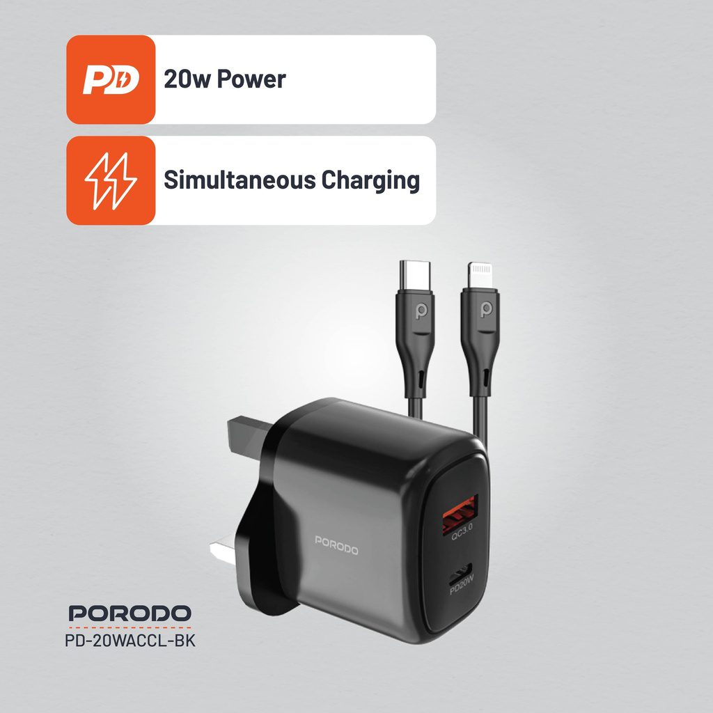 Porodo Dual Port Fast Charger Quick Charge + Power Deliver 8
