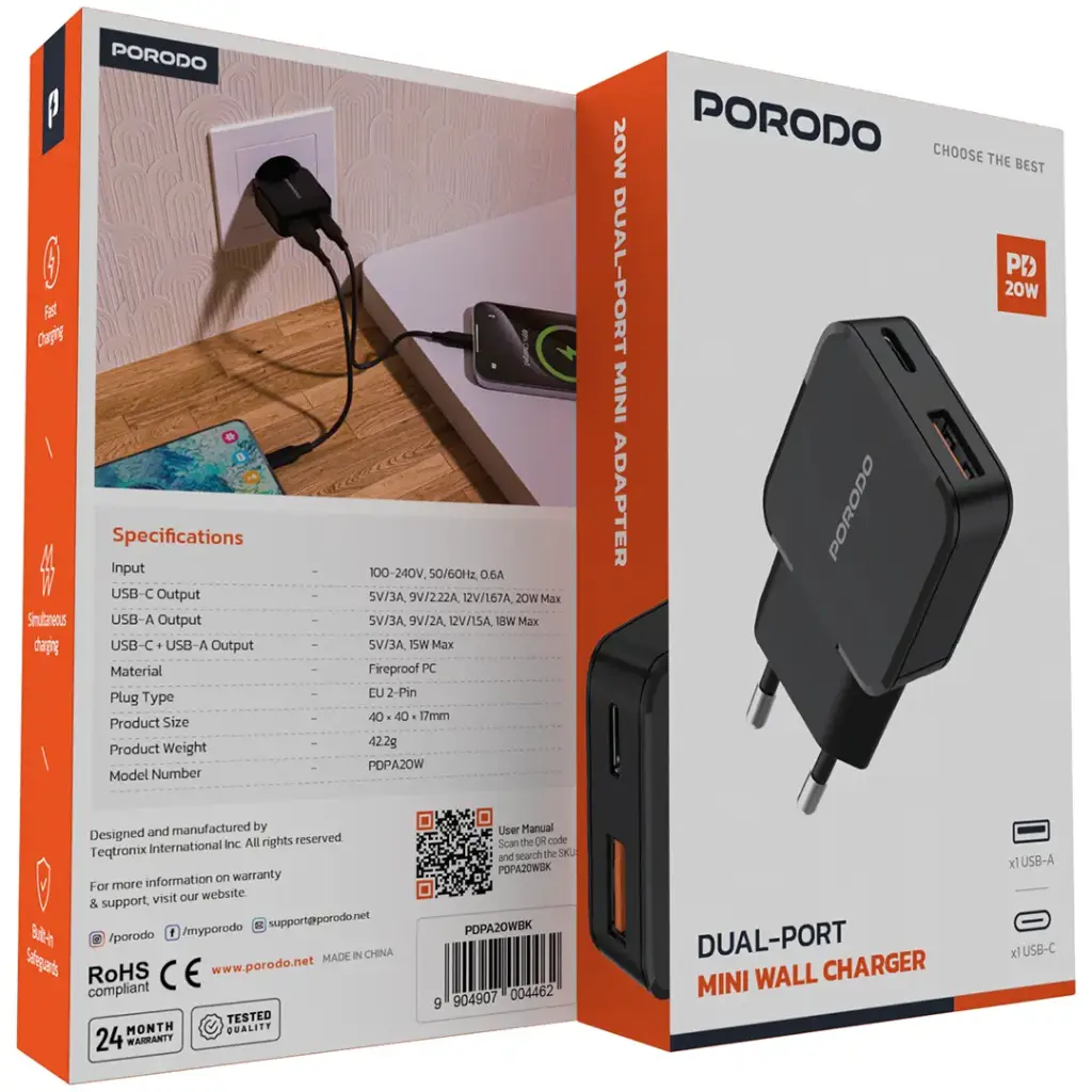 Porodo Dual-Port Mini Wall Charger PD 20W 3