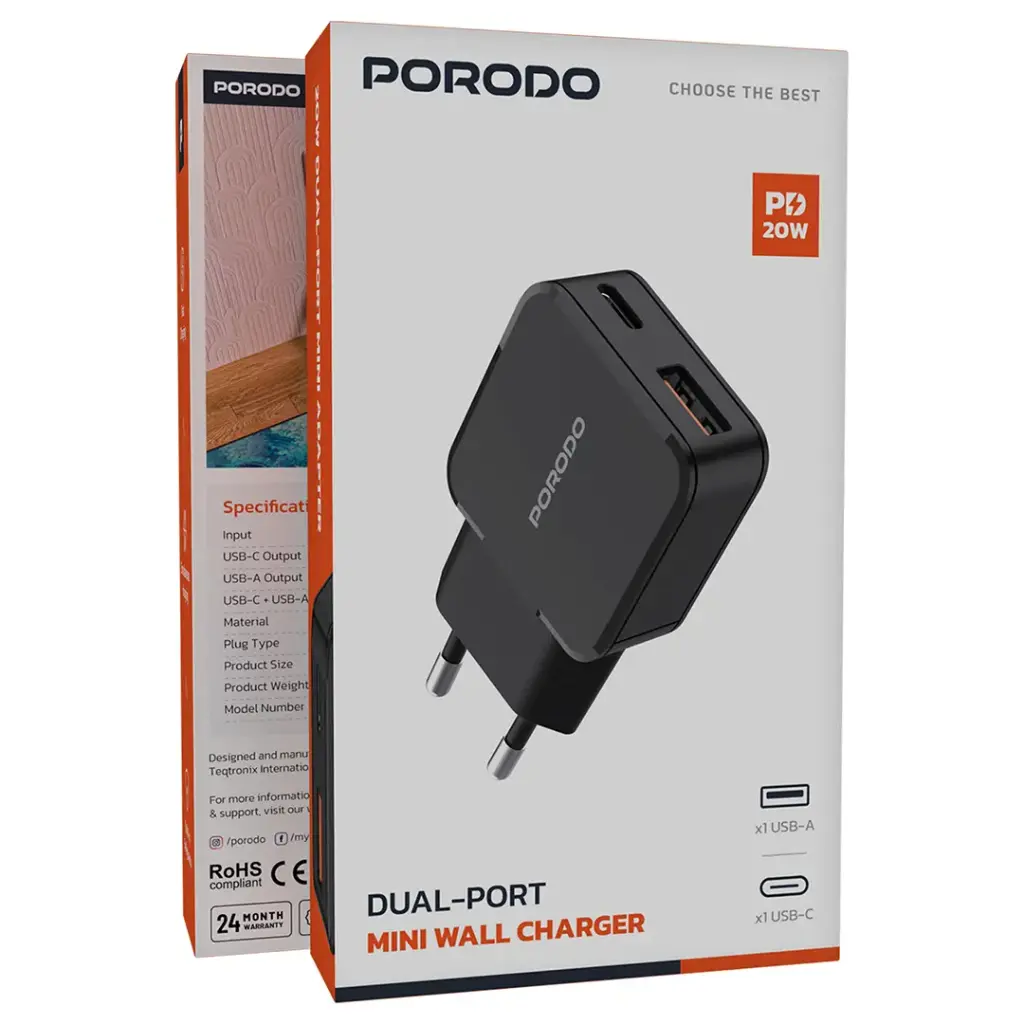 Porodo Dual-Port Mini Wall Charger PD 20W 4