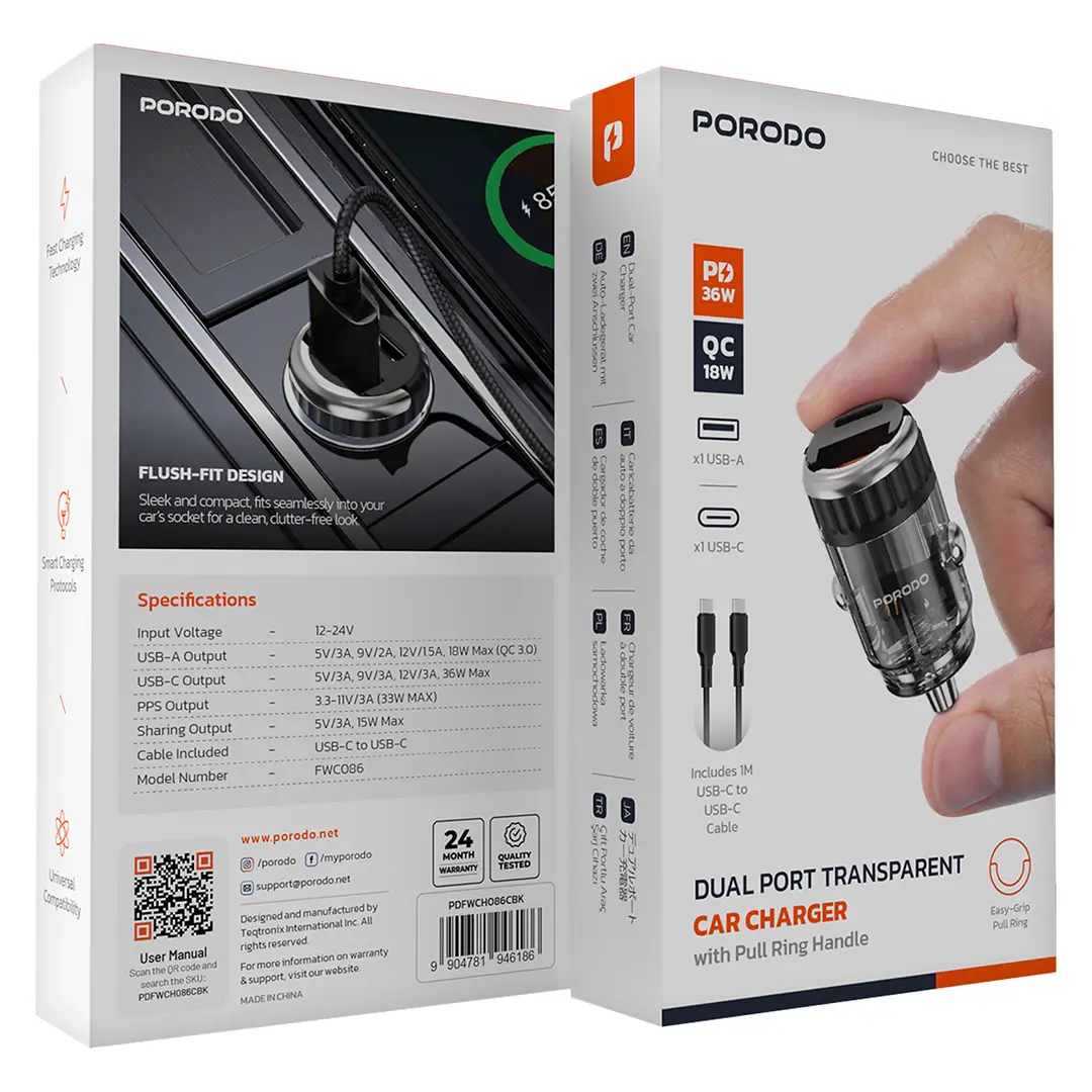 Porodo Dual Port Transparent Car Charger With C to C Cable Pull Ring Handle 5