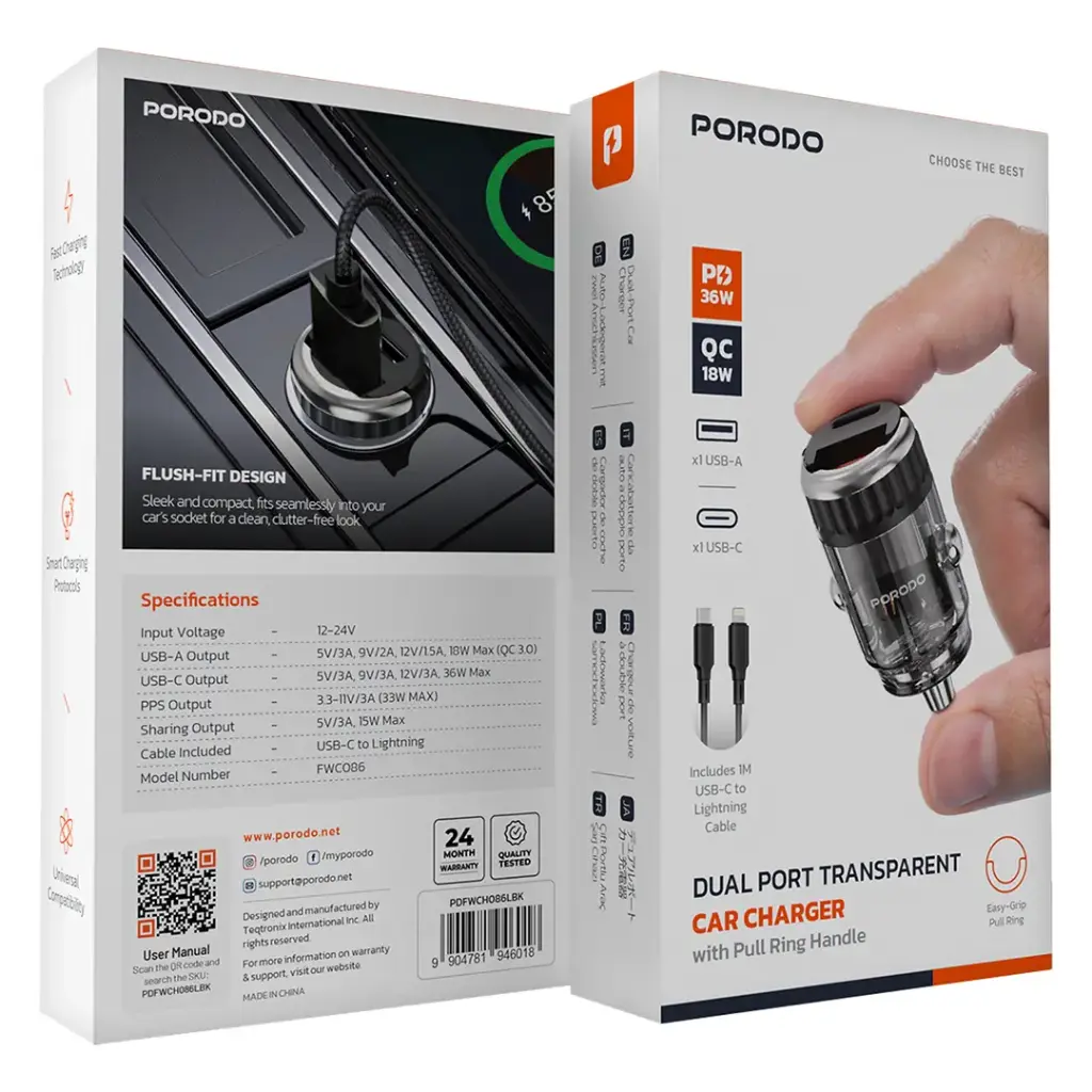 Porodo Dual Port Transparent Car Charger With C to Lighting Cable Pull Ring Handle 5