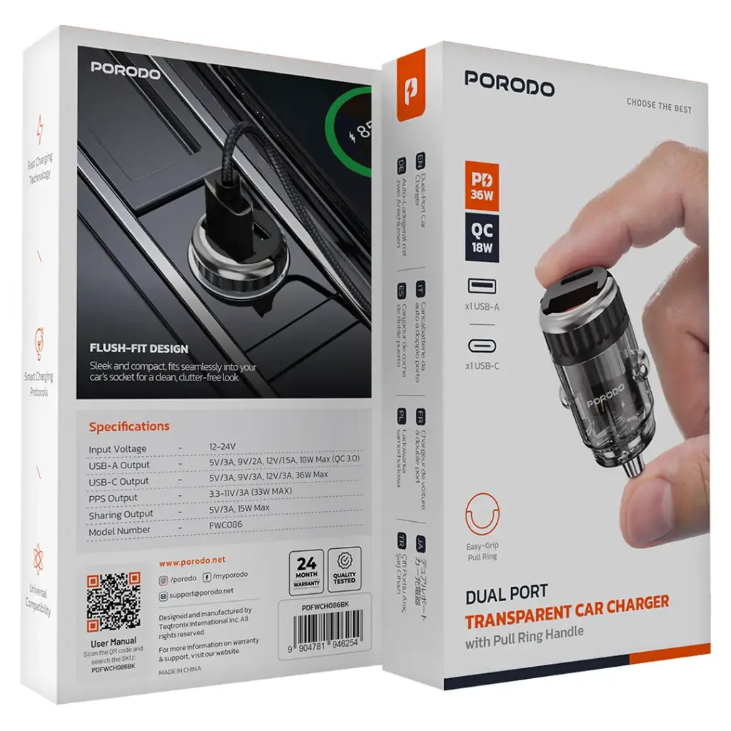 Porodo Dual Port Transparent Car Charger With Pull Ring Handle 5