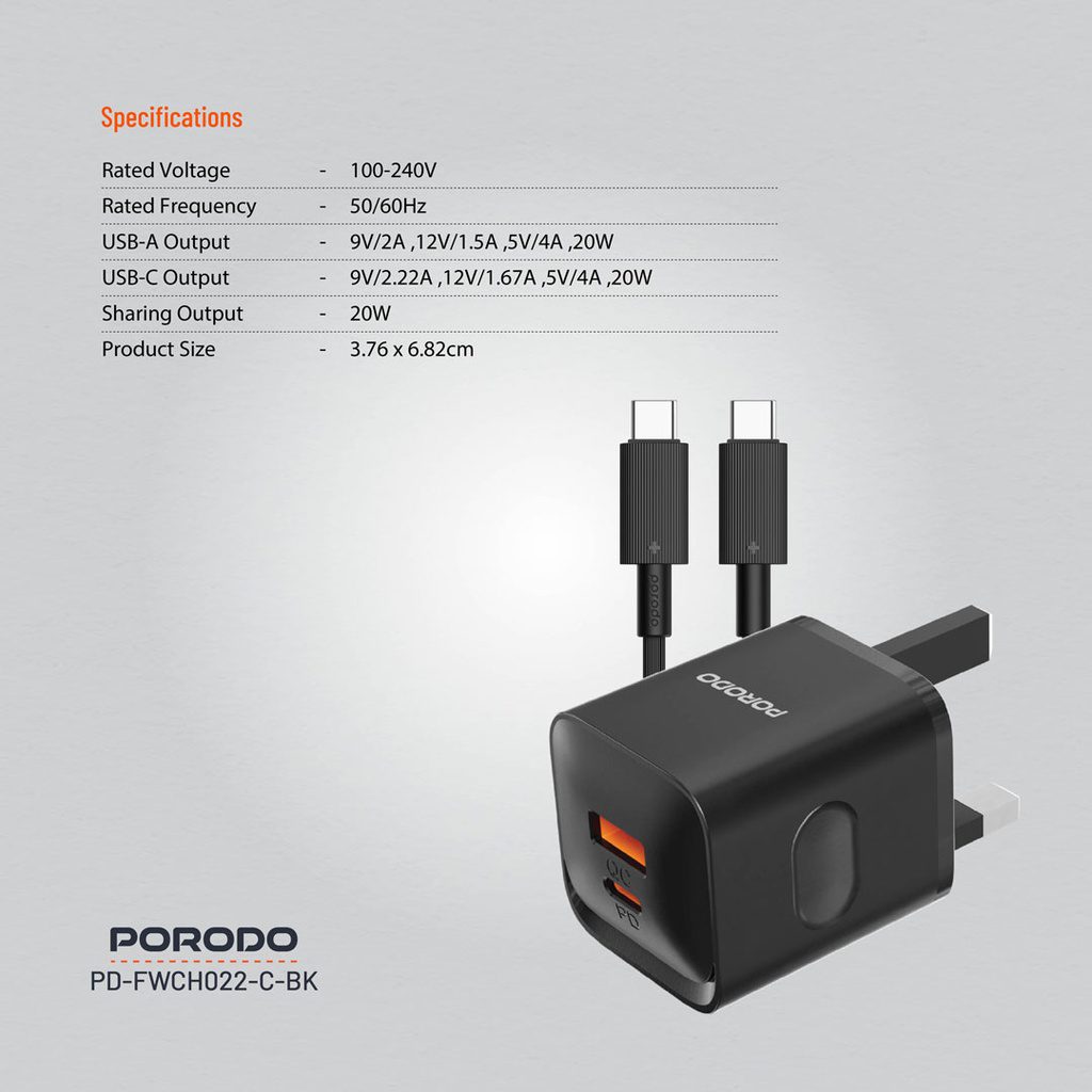 Porodo Dual port Wall Charger UK with Type-C Cable 2