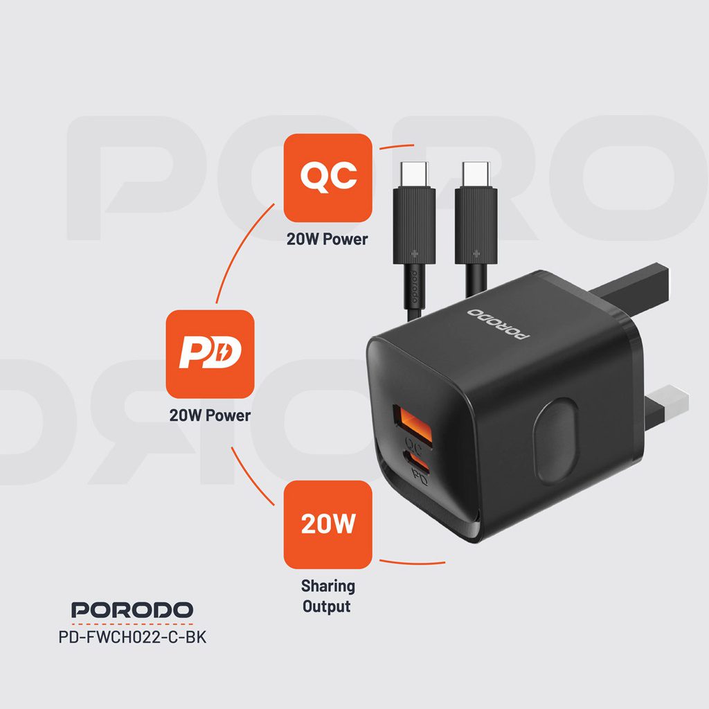 Porodo Dual port Wall Charger UK with Type-C Cable 3