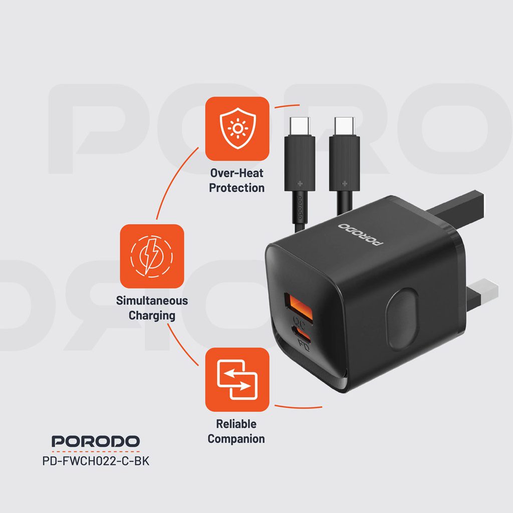 Porodo Dual port Wall Charger UK with Type-C Cable 4