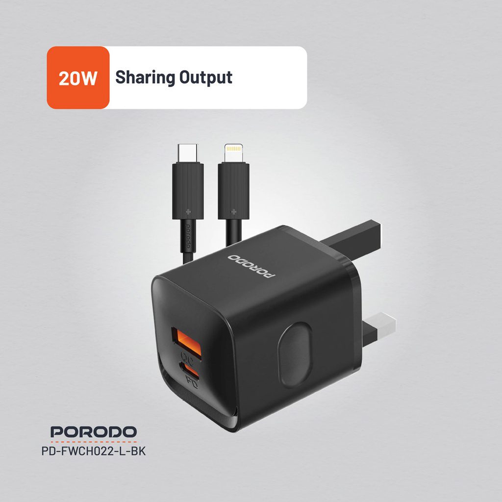 Porodo Dual Port Wall Charger UK with USB-C to Lightning cable 2
