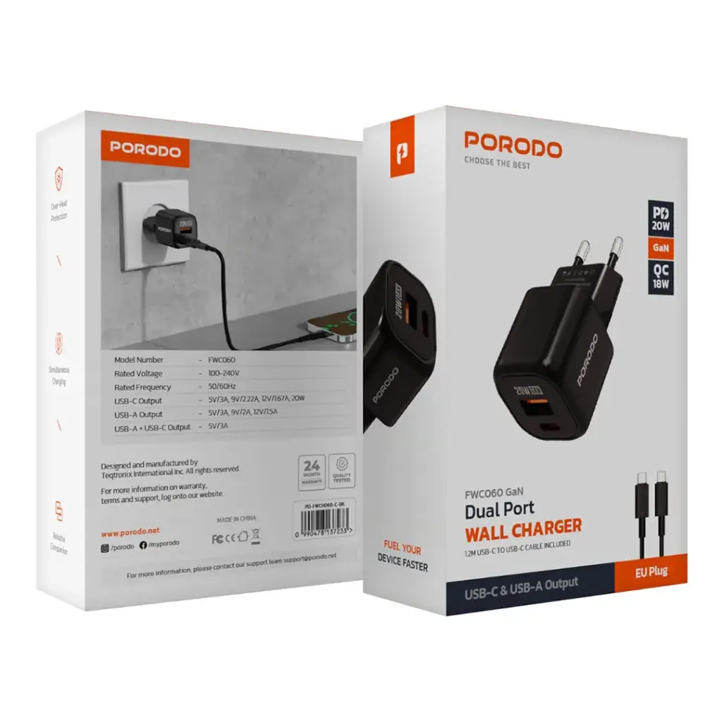 Porodo Dual Port Wall Charger with C to C Cable 2