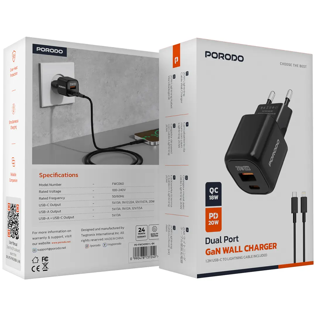 Porodo Dual Port Wall Charger with C to L Cable 2