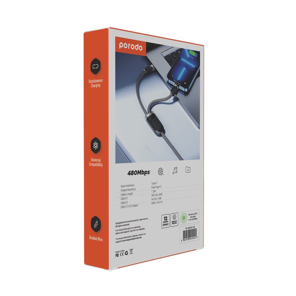 Porodo Dual Type-C Fast Charging Cable USB-C PD Input 2