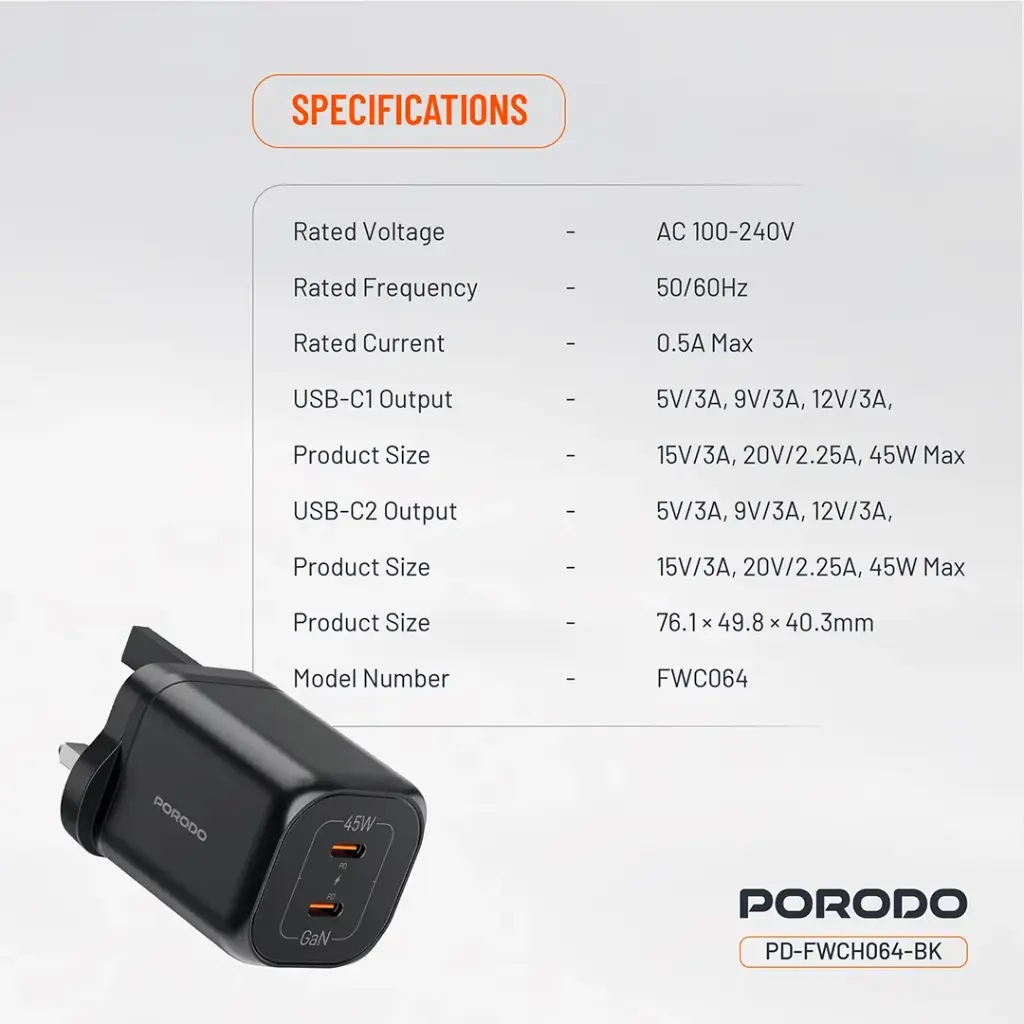 Porodo Dual USB-C Quick Charger 8