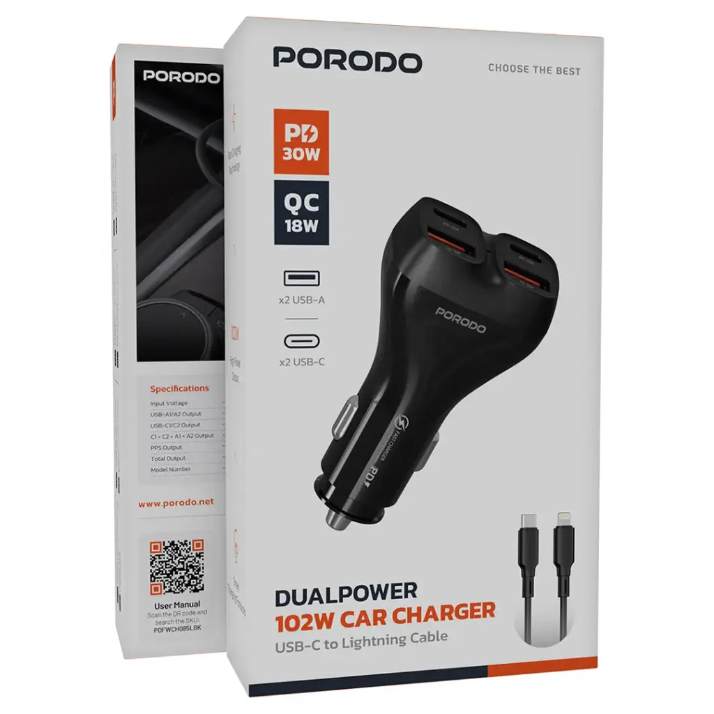 Porodo Dualpower 102W Car Charger USB-C To Lightning Cable 4