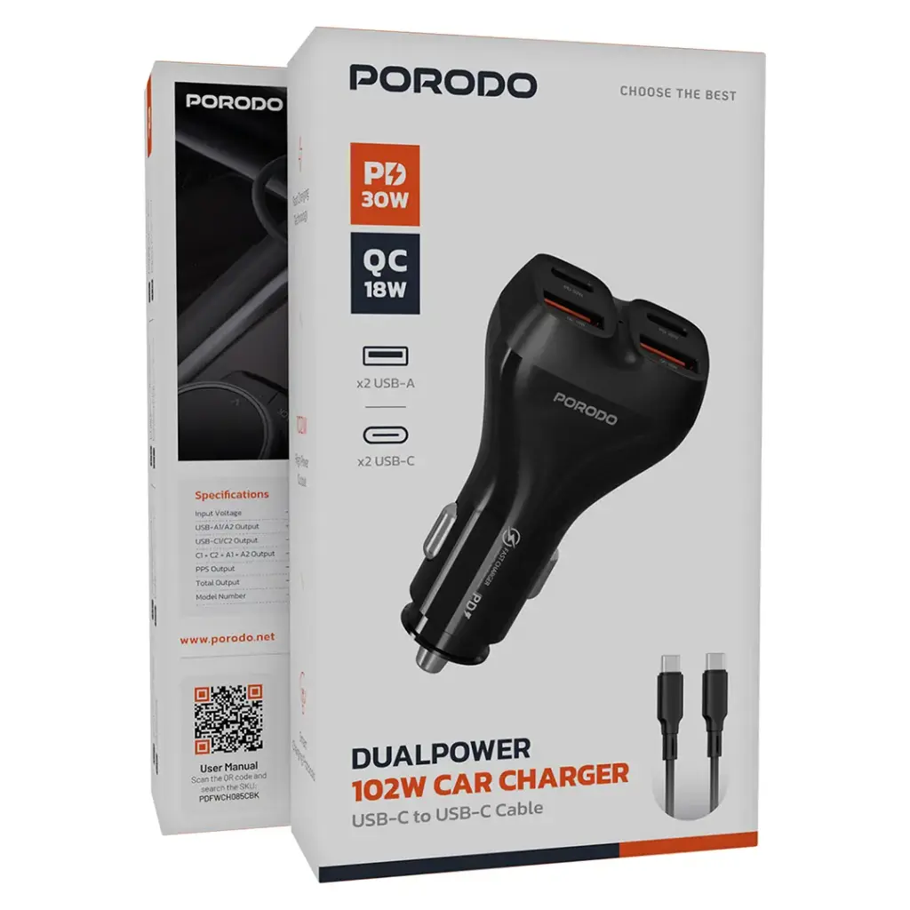 Porodo Dualpower 102W Car Charger USB-C To USB-C Cable 4