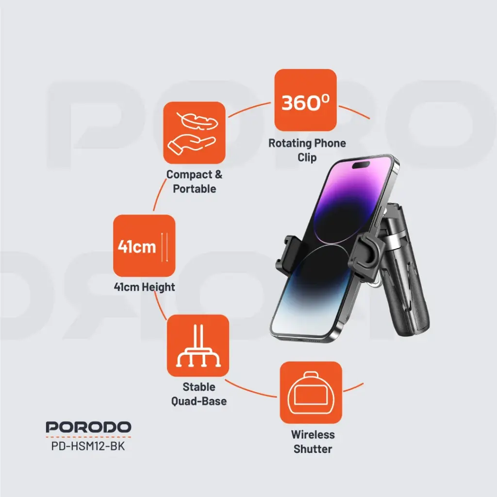 Porodo Foldable Selfie Stick with Extendable Tripod 2
