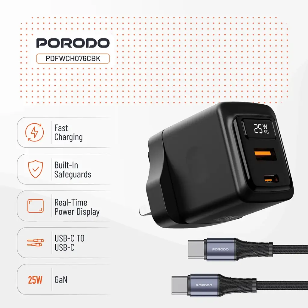 Porodo GaN 25W Dual-Port Wall Charger With Type-C To Lightning Cable 7