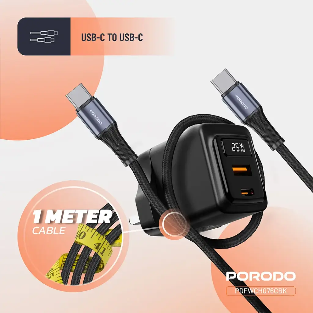 Porodo GaN 25W Dual-Port Wall Charger With Type-C To Type-C Cable 6