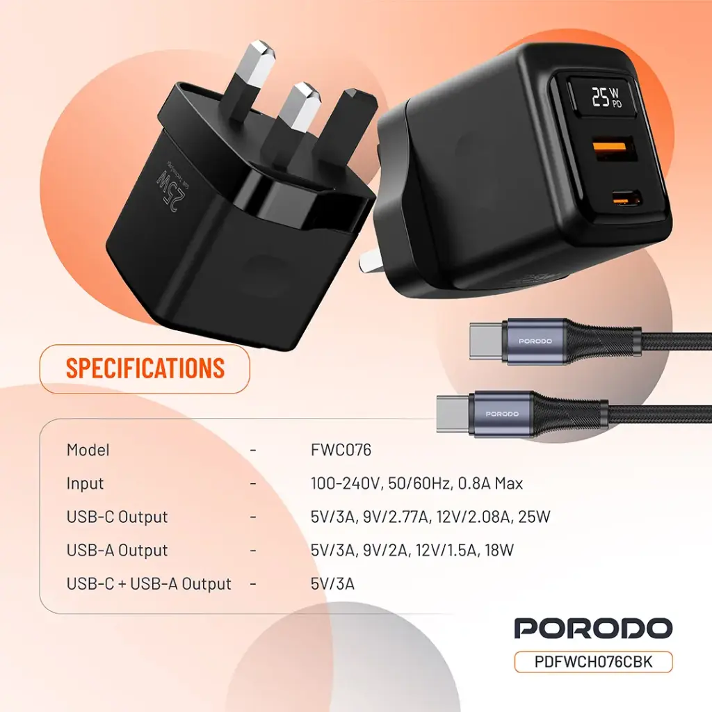 Porodo GaN 25W Dual-Port Wall Charger With Type-C To Type-C Cable 8