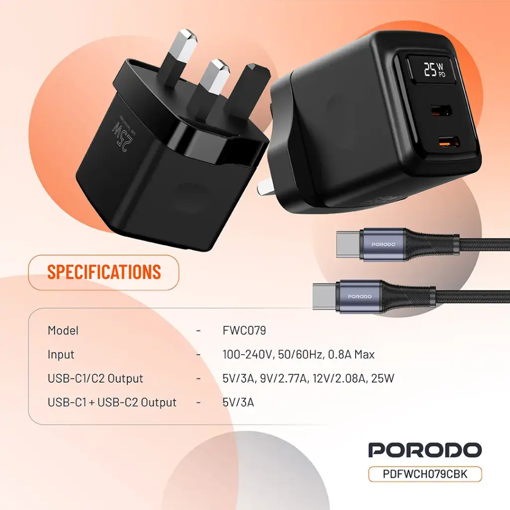 Porodo GaN 25W Dual USB-C Wall Charger With Type-C to Lightning Cable 8
