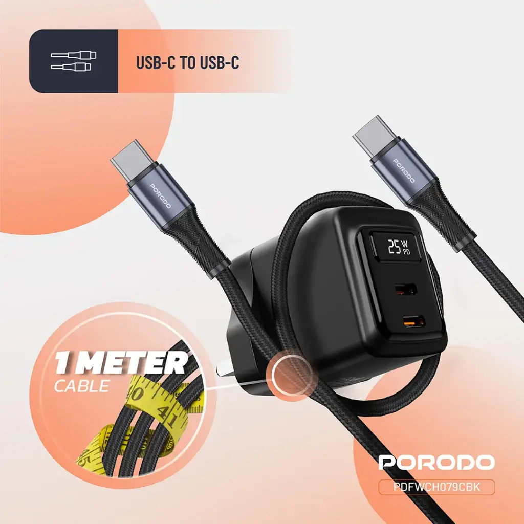 Porodo GaN 25W Dual USB-C Wall Charger With Type-C to Type-C Cable 6