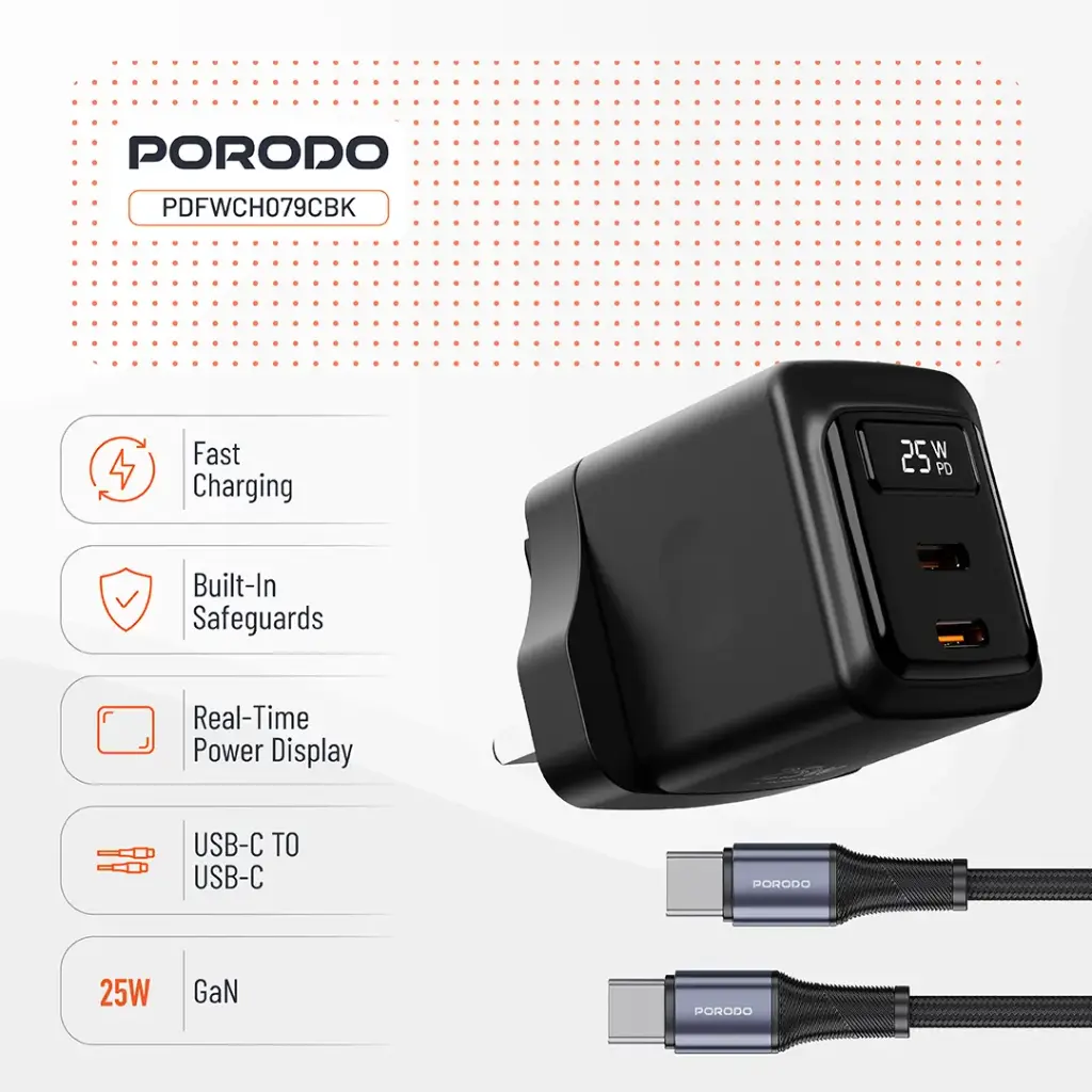 Porodo GaN 25W Dual USB-C Wall Charger With Type-C to Type-C Cable 7